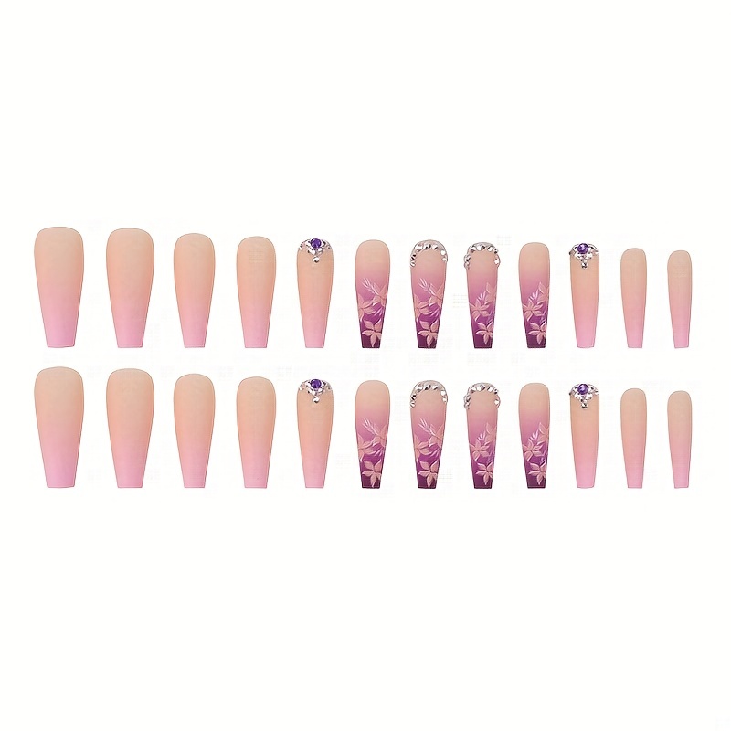 24pcs Pink Flower Gradient Coffin Press On Nails Long Ballerina False Nails