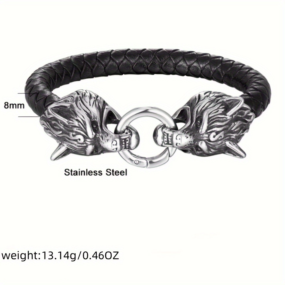 1pc Pulsera con Dije de Cabeza de Lobo Vikingo, Acero Inoxidable & Cuerda de Cuero Artificial, Accesorio Creativo Hecho a Mano para Hombres, Negro