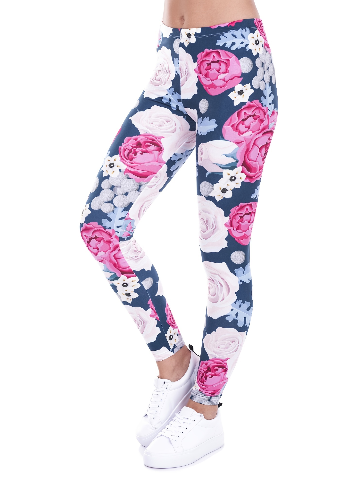 Rose Floral Print Skinny Leggings, Casual Elastic Waist Stretchy Leggings,  Women's Clothing