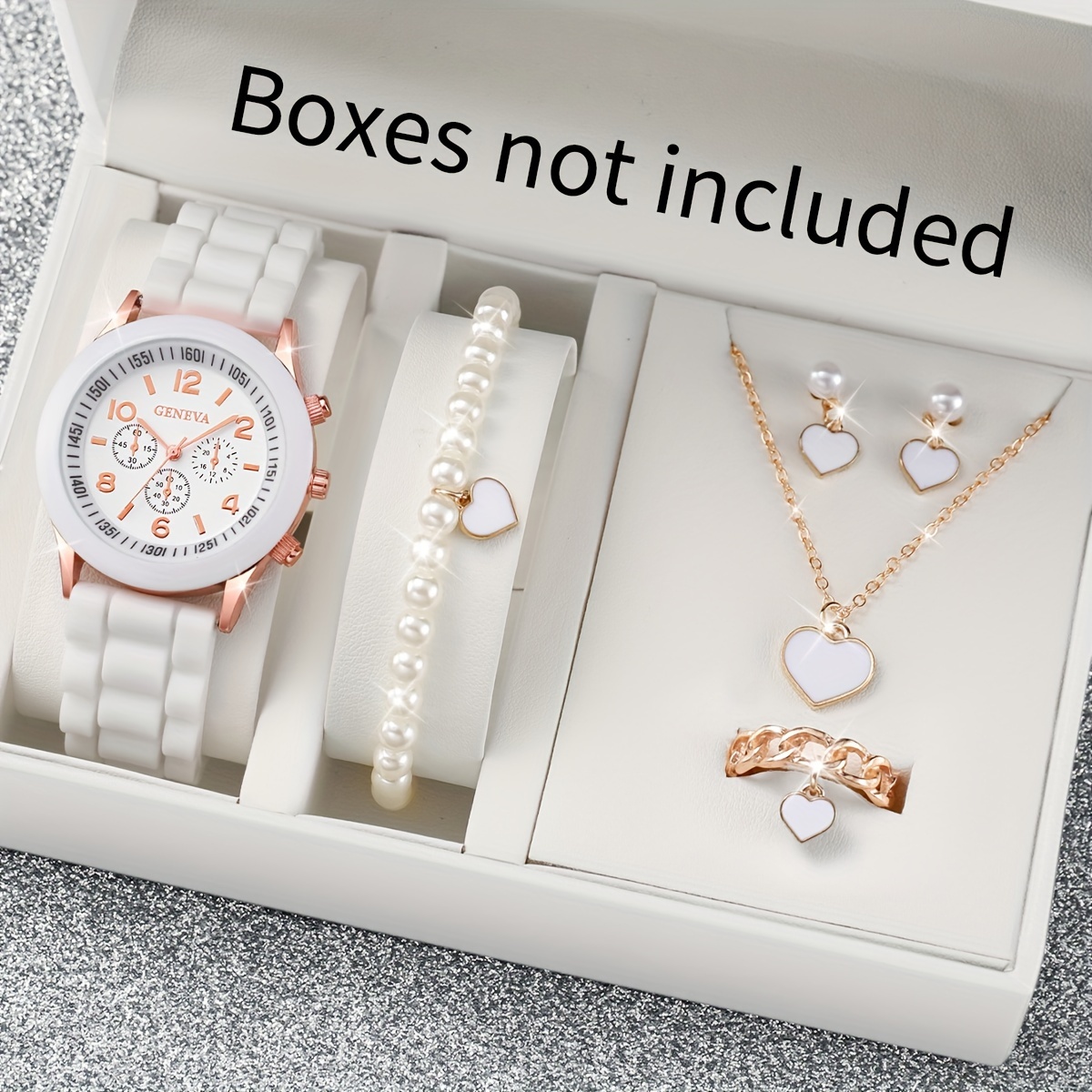 

6pcs/set Women's Casual Fashion Quartz Watch Analog Silicone Wrist Watch & Faux Pearl Heart Jewelry Set, Valentines Gift For Her