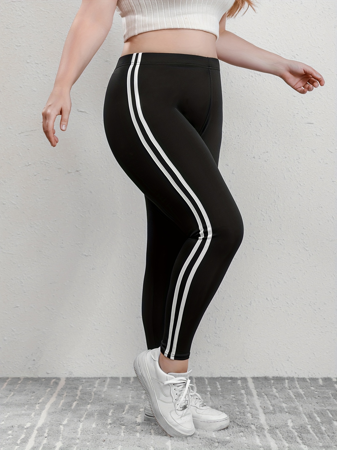 Plus Size Casual Leggings, Women's Plus 2 Strips Medium Stretch Soft Sporty  Bottoms