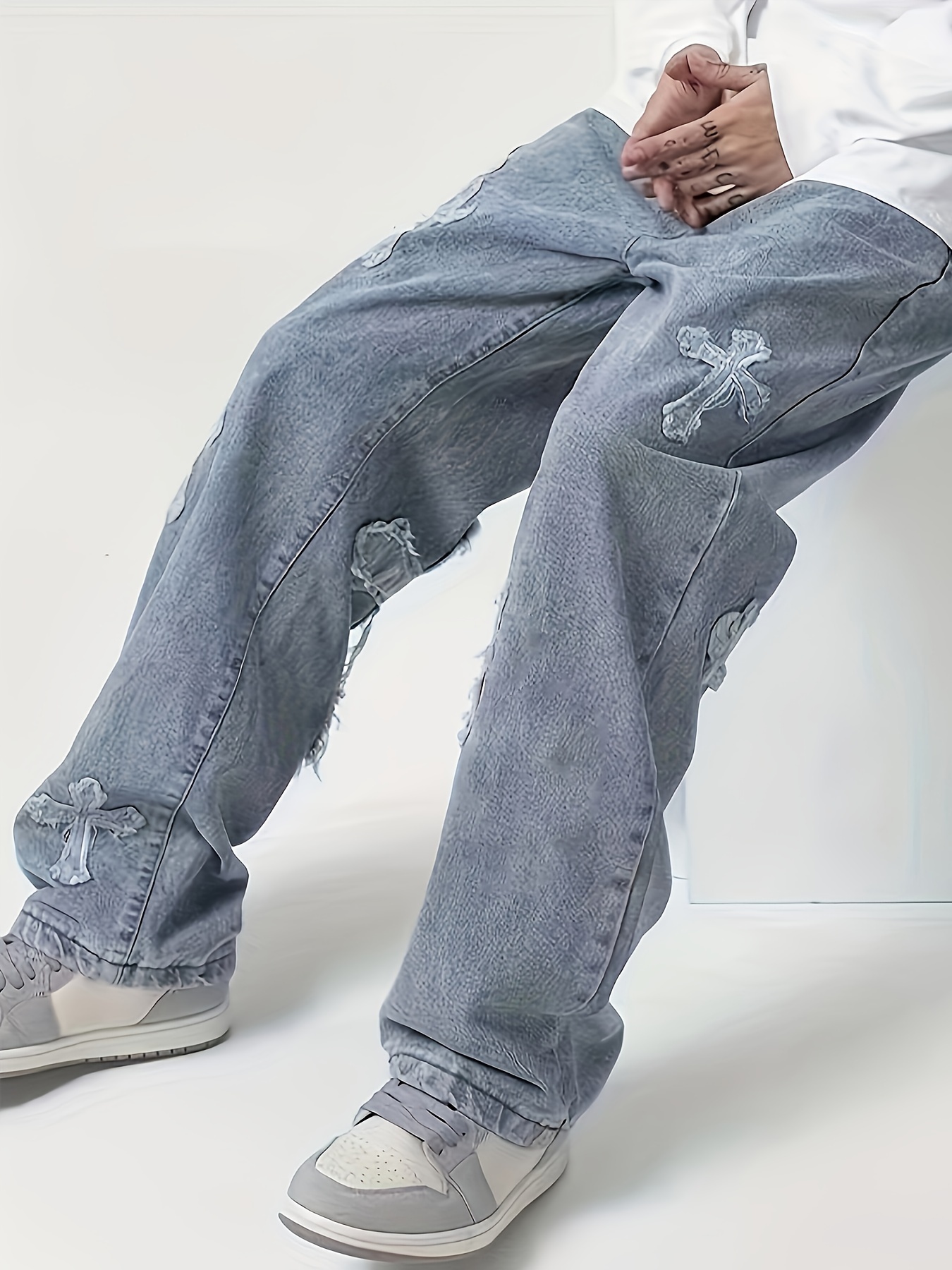 Cross Pattern Jeans Men's Casual Street Style Denim Pants - Temu
