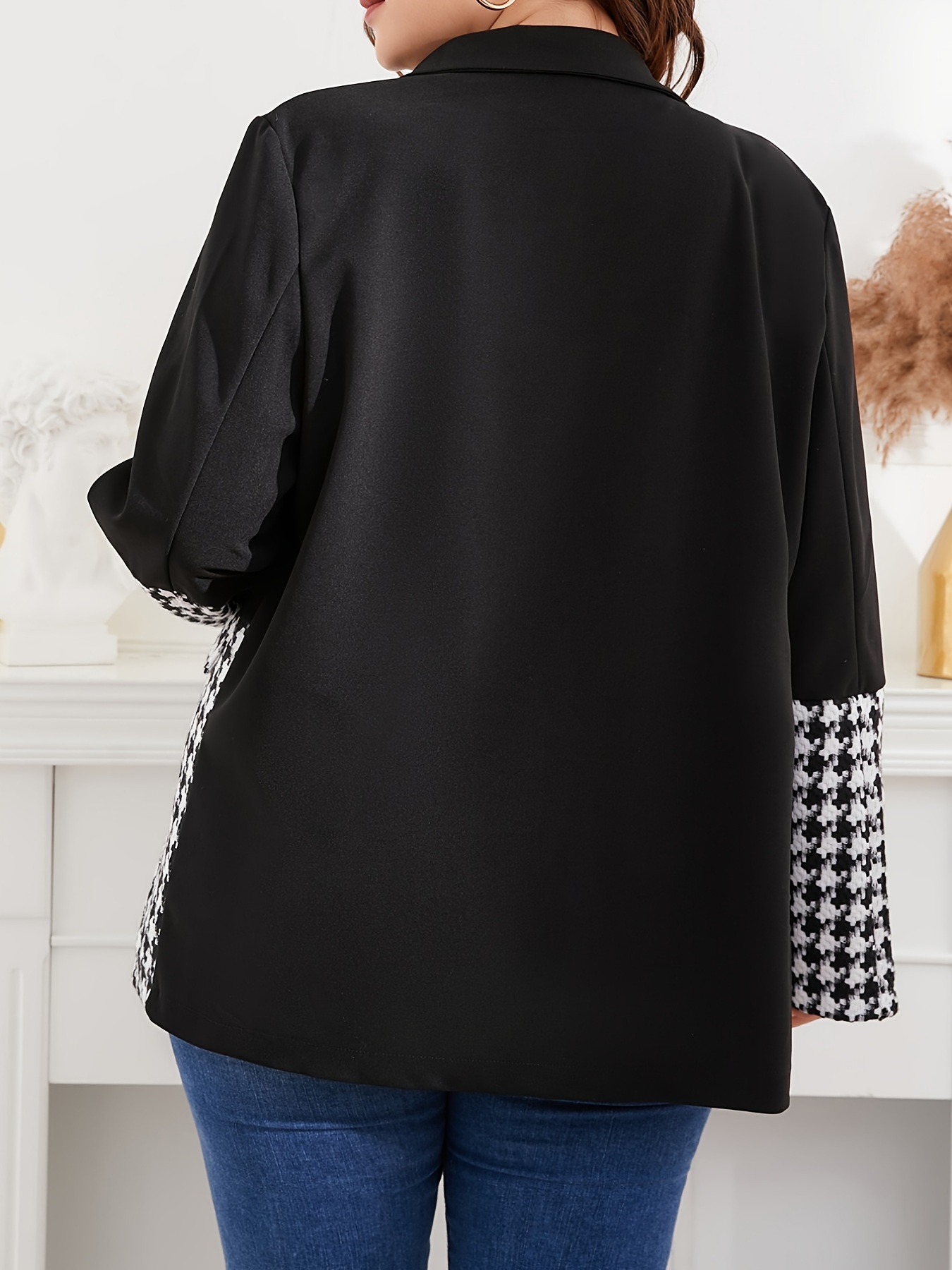 Houndstooth Lapel Collar Blazer Women's Plus Business Casual Blazer