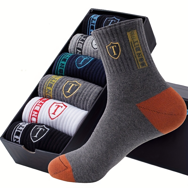 

5pairs Men's Fashion Sweat Absorbing Embroidered Athletic Socks, Ankle Socks