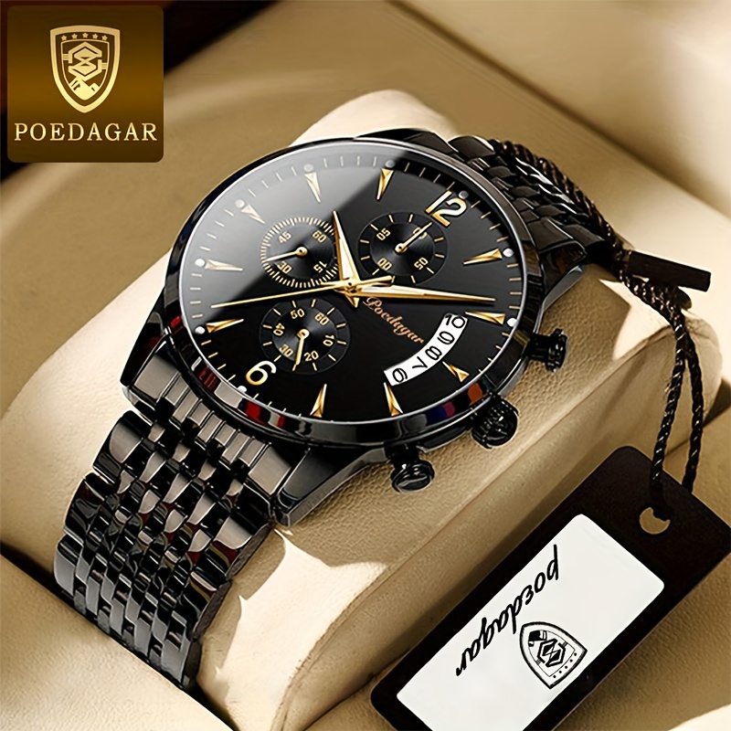

Poedagar Waterproof Luminous Calendar Stainless Steel Men's Watches, Fashion Business Men's Quartz Wristwatches, Ideal Choice For Gifts
