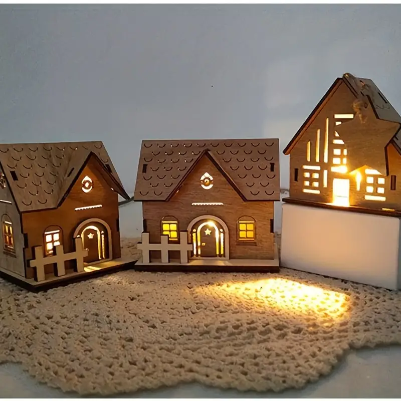 Christmas Wooden Light emitting Huts Decor Small House Home - Temu