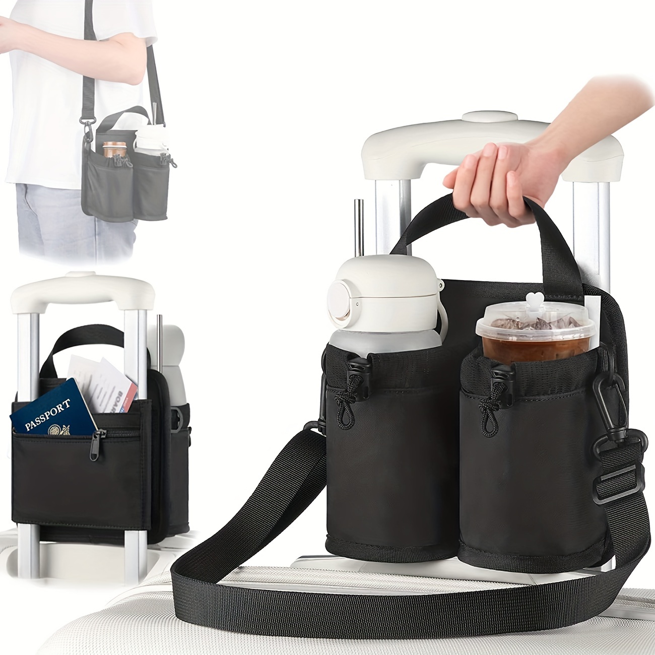 Luggage Travel Cup Holder with Shoulder Strap, Suitcase Drink