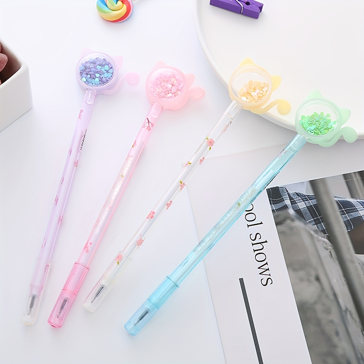 Cute Cat Gel Pens Creative Office Stationery Students Sequin - Temu