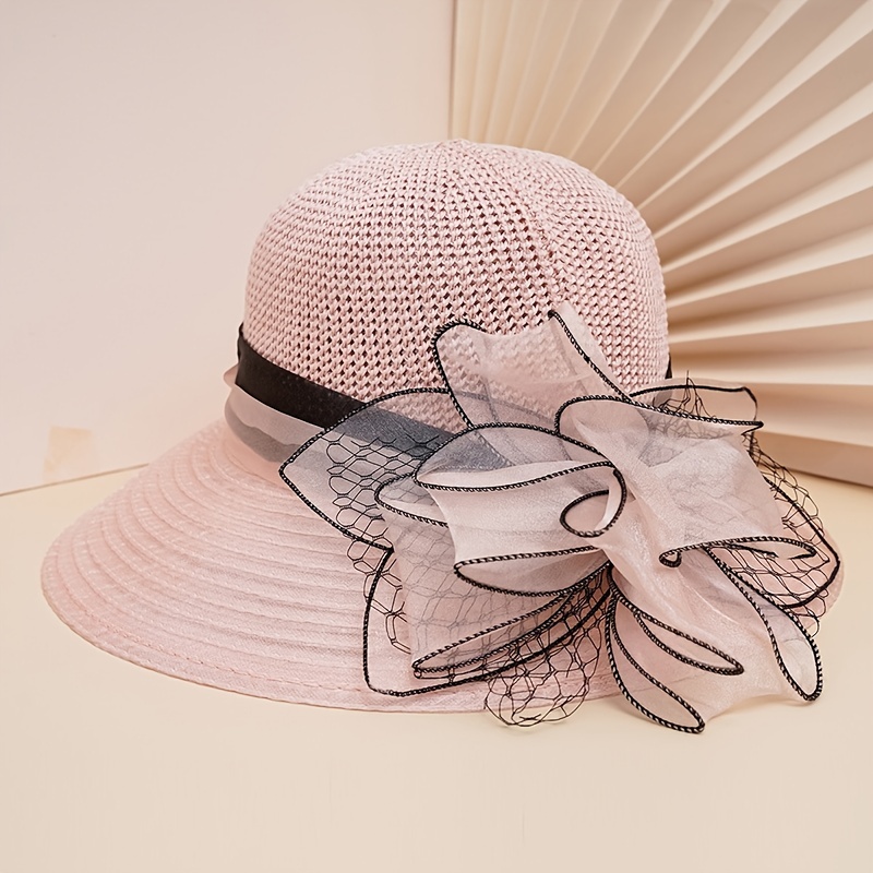 Women's Church Derby Hat Wide Brim Straw Bucket Hat Wedding Mesh Floral Hat Fascinator Beach Sun Protective Hat, Elegant Black Band Pink Hat, Chic