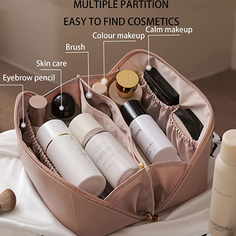  Large Capacity Travel Cosmetic Bag,PU Leather Waterproof Makeup  Bag Organizer,Lay Flat Travel Makeup Bag With Handle and Divider(BROWN) :  Beauty & Personal Care