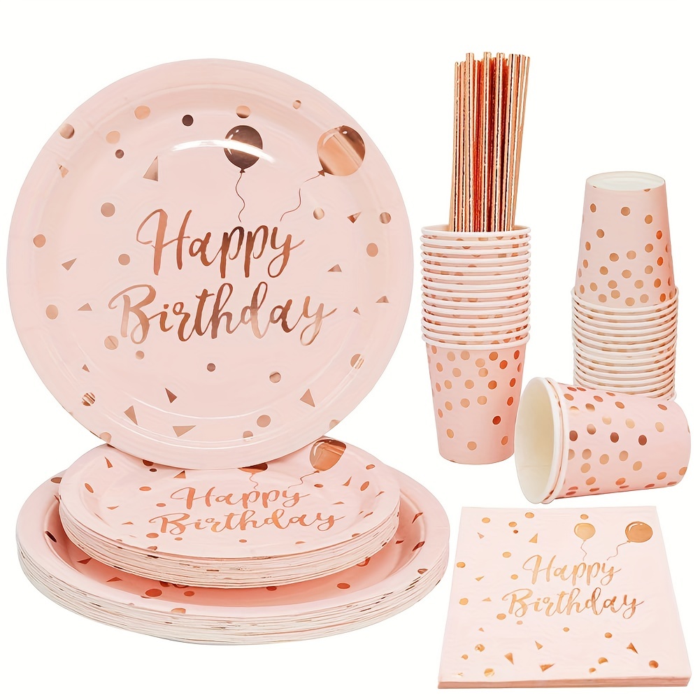 

50pcs Pink Birthday Plates And Napkins Party Supplies, Pink Paper Plates Disposable, Pink And Silvery Party Decorations For Baby Showers Bridal Showers Wedding