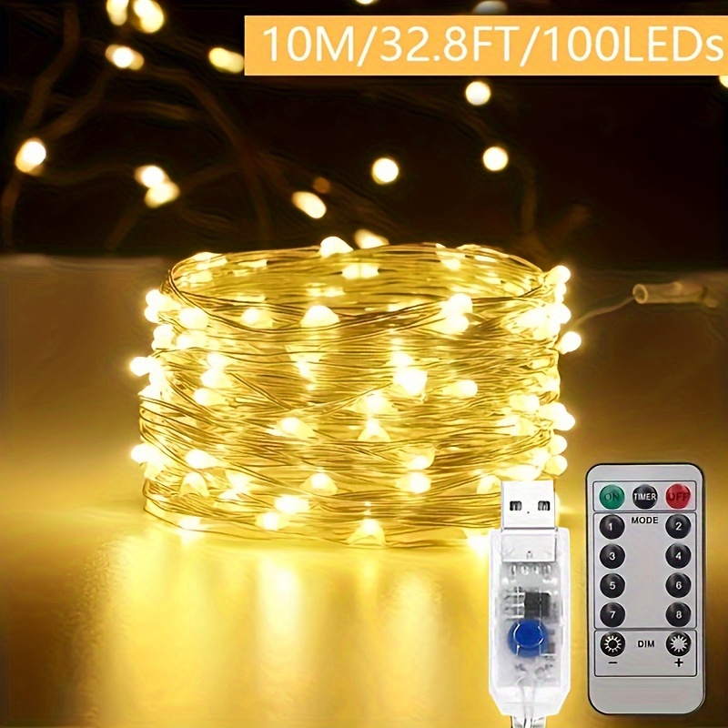 Remote Control LED Fairy Lights, USB, Copper Wire, 32 ft