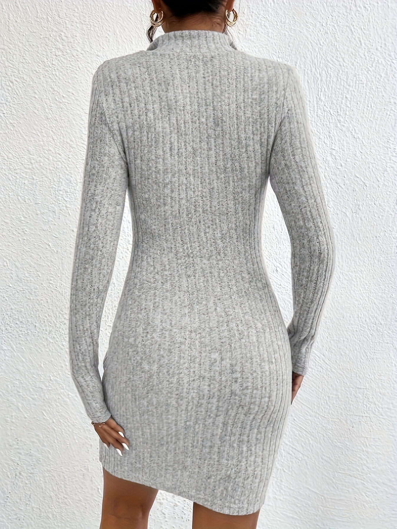 half zip solid bodycon dress, casual long sleeve mini dress, women's clothing grey 1