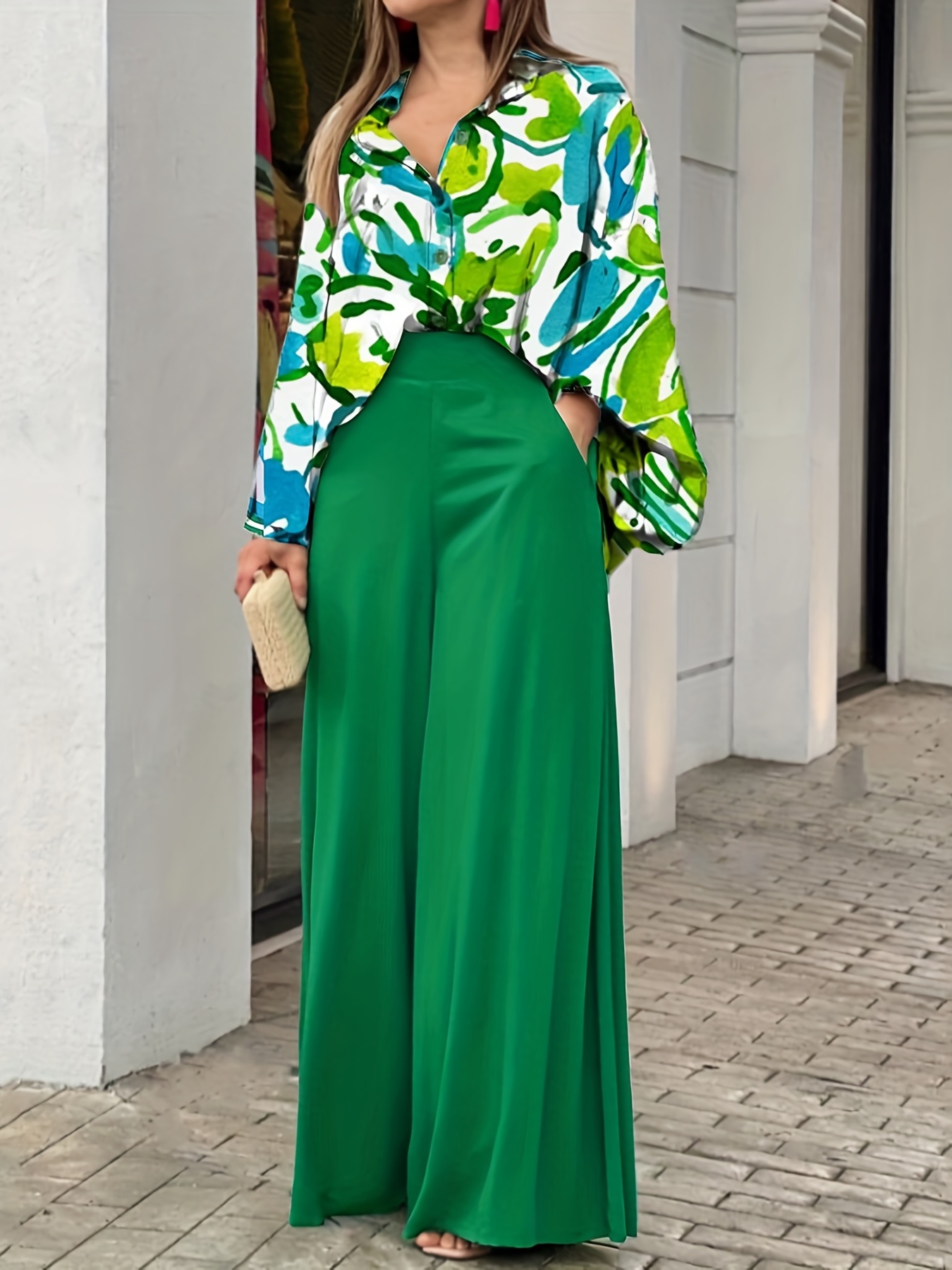 Tie Dye Batwing Sleeve Blouse & High Waist Pantsuits