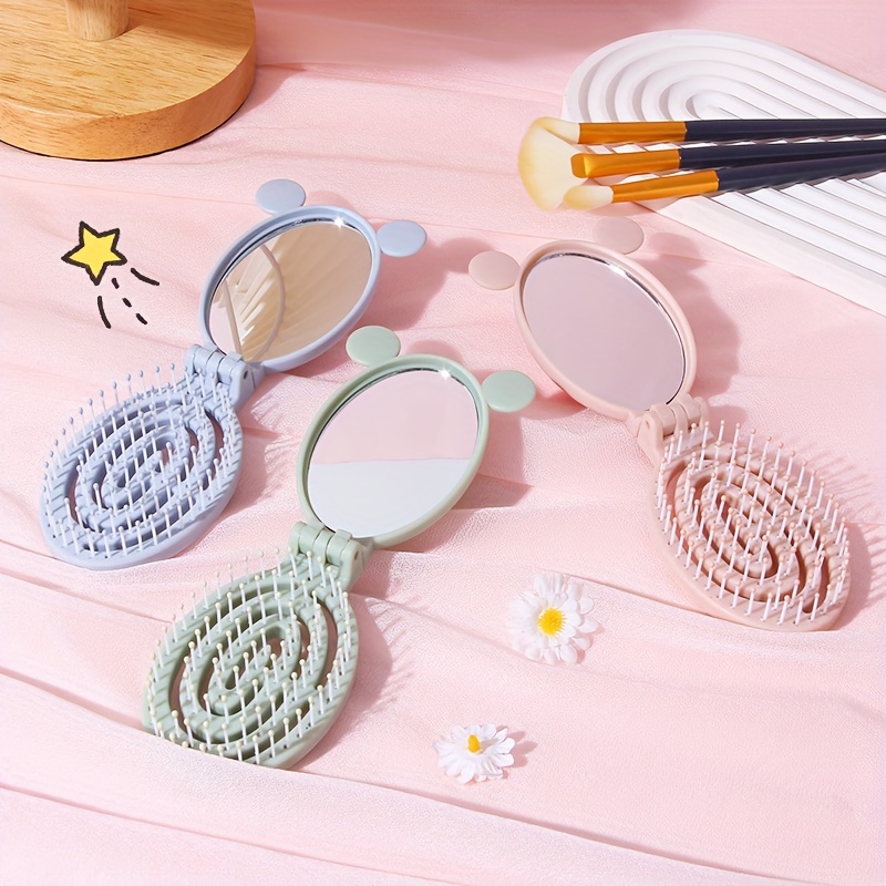 

1pc Cartoon Folding Hairdressing Comb With Makeup Mirror, Portable Massage Comb, Suitable For Outgoing Travel Use, Compact Pocket Size Mirror Hair Brush