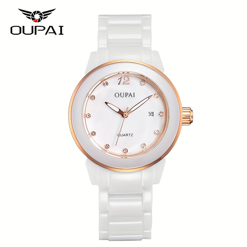 oupai mens white ceramic strap watch fashionable trendy calendar waterproof and luminous wrist watch
