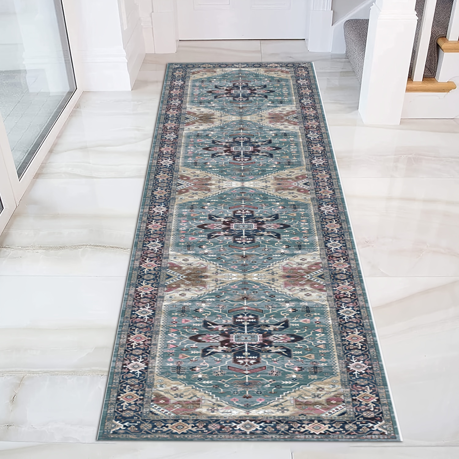 TEMU Elegant Long Runner Rug - Modern In Blue, Beige, And Brown, Perfect For Hallway, Staircase, And Hotel Aisle Decoration, A Top For Holiday Gifts