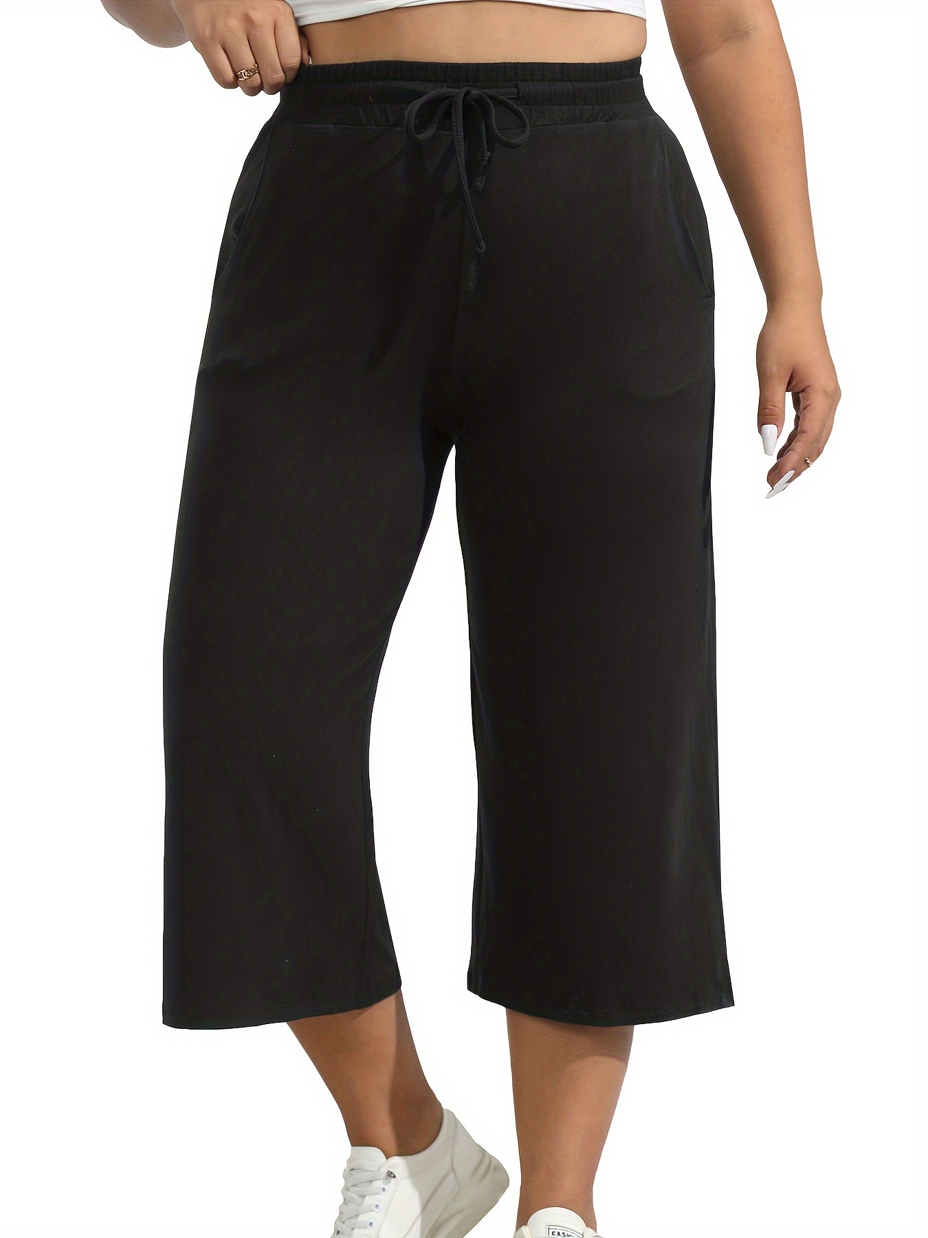 HDE Pull On Capri Pants For Women with Pockets Elastic Waist Cropped Pants  Black - XXL