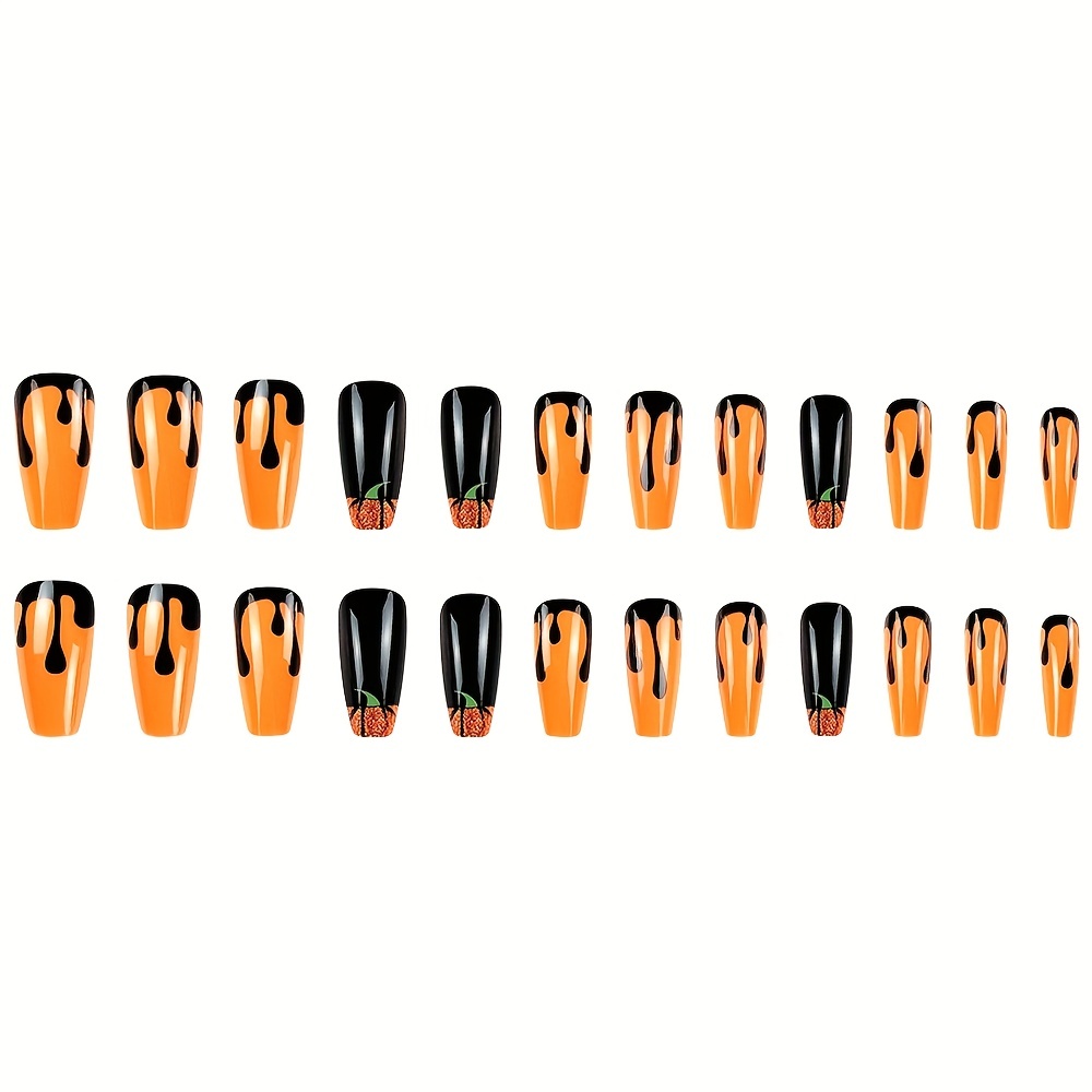 24pcs Halloween Orange Press On Nails with Glitter and Pumpkin
