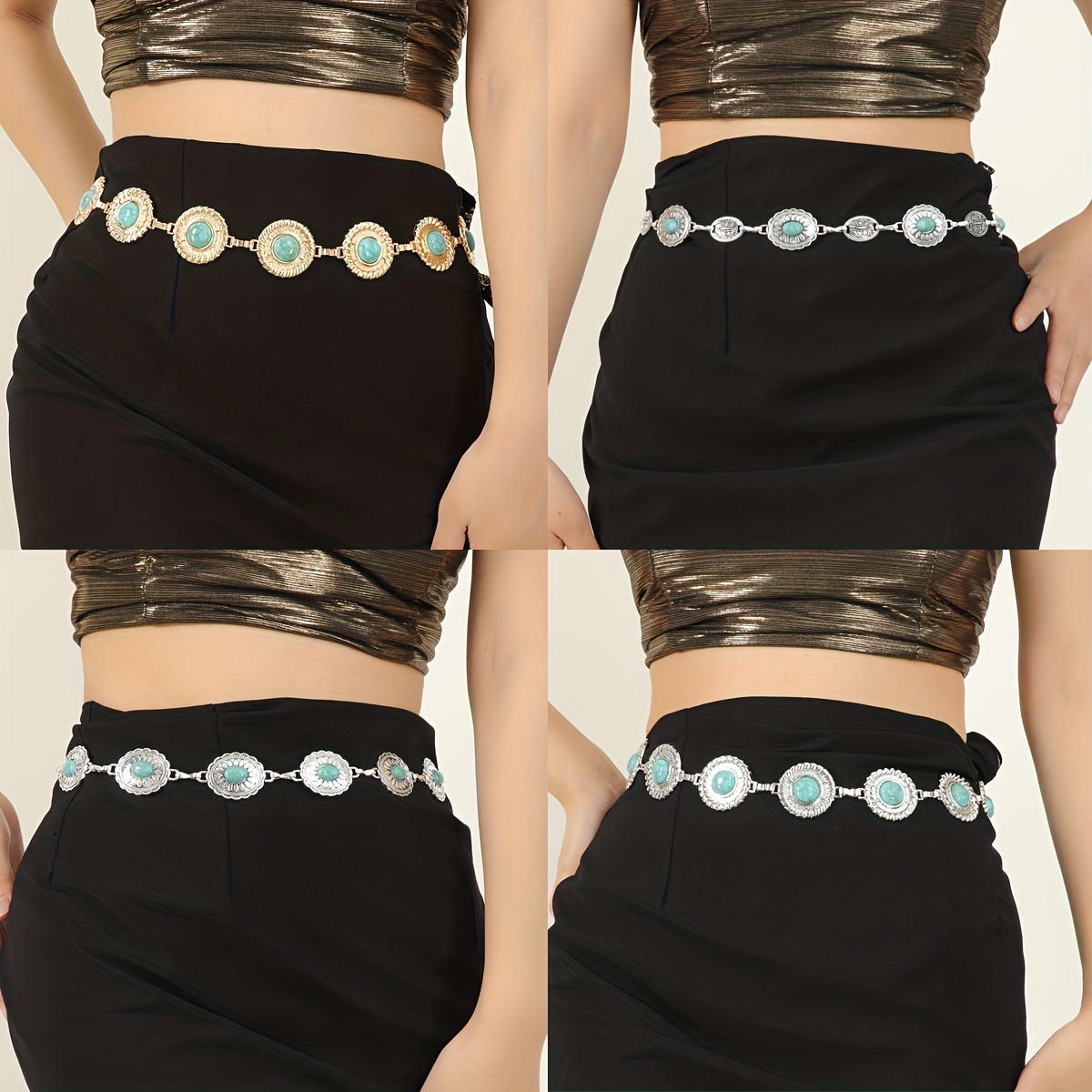 Turquoise Embossed Waist Chain Vintage Metal Chain Belt