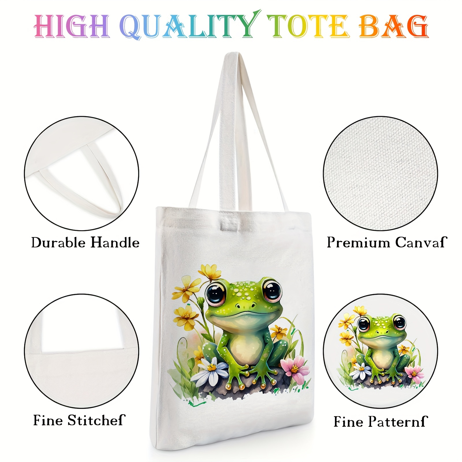 Frog Pattern Canvas Tote Bag, Women's Portable Anime Shoulder Bag