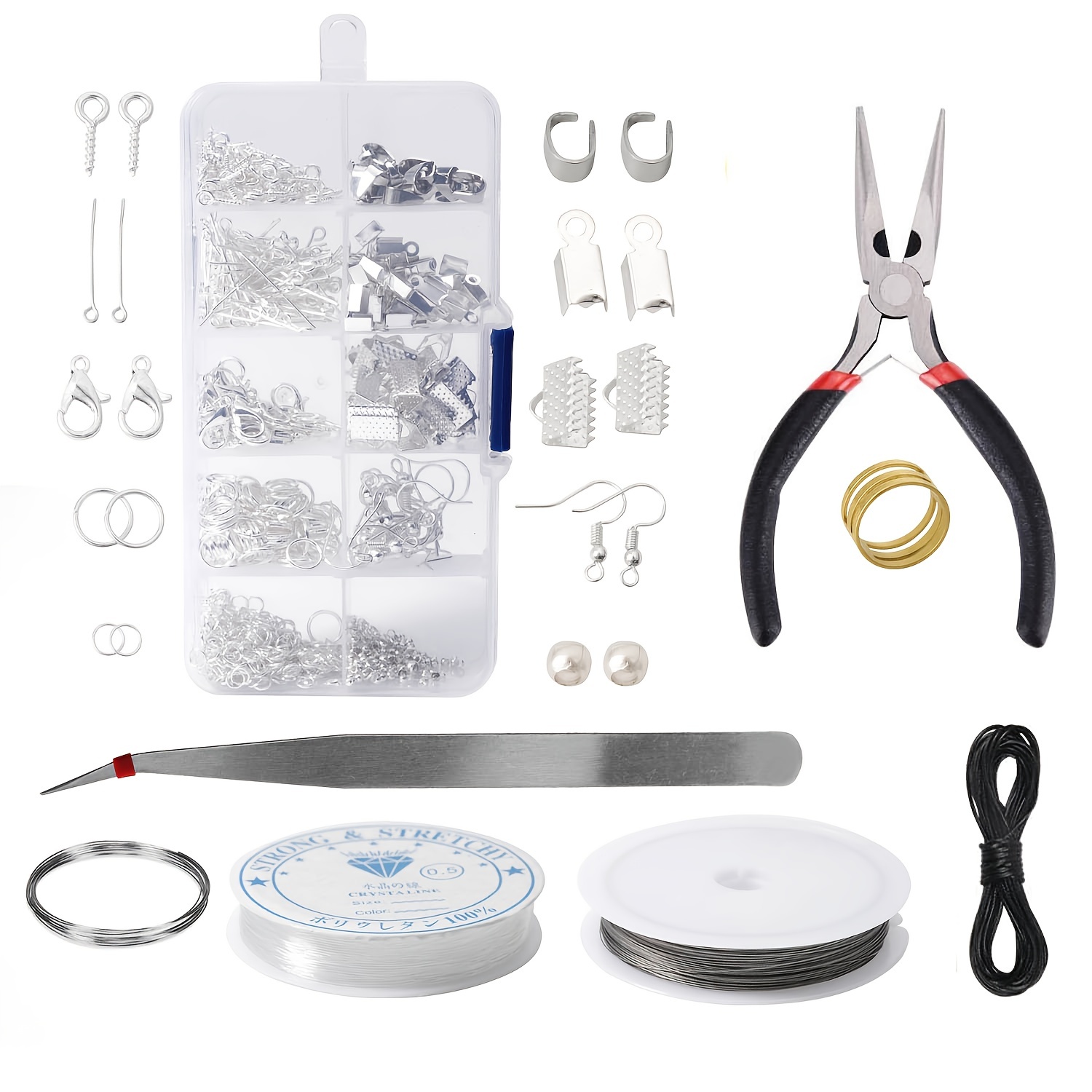  Kit de suministros para hacer aretes, kit de fabricación de  aretes con ganchos para aretes, anillos de salto, alicates de joyería,  pinzas, línea de cristal, línea de alambre de acero en
