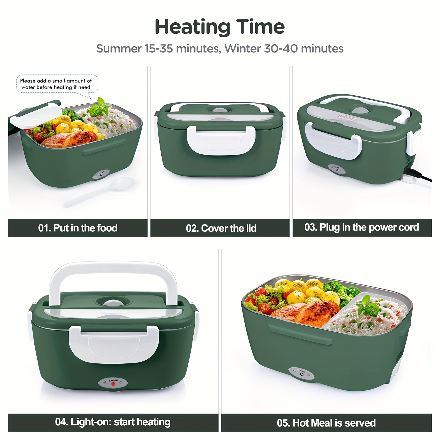Electric Lunch Box for Car and Home Work, 12V 24V 110V 60W Faster Portable Food Warmer Heated Lunch Box for Adults, Removable 304 Stainless Steel