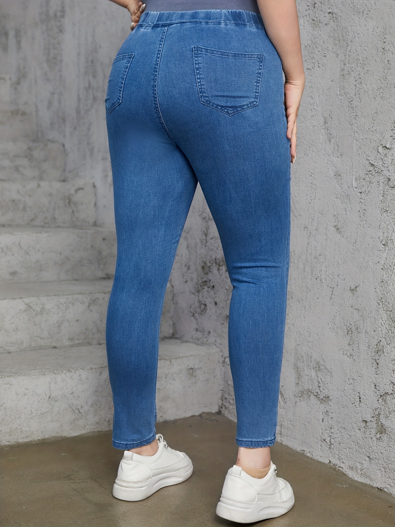 Plus Size Basic Jeans, Women's Plus Elastic Waist Solid High Stretch Skinny  Jeans