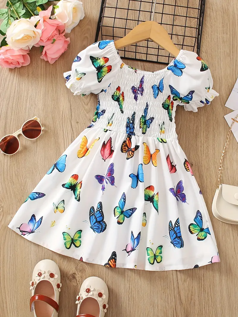 toddler girls puff sleeve frill trim shirred colorful butterfly graphic princess dress for party beach vacation cute romantic kids summer clothes details 23
