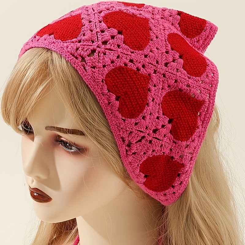 Y2k Red Heart Crochet Bandana Sweet Triangle Hair Scarf - Temu