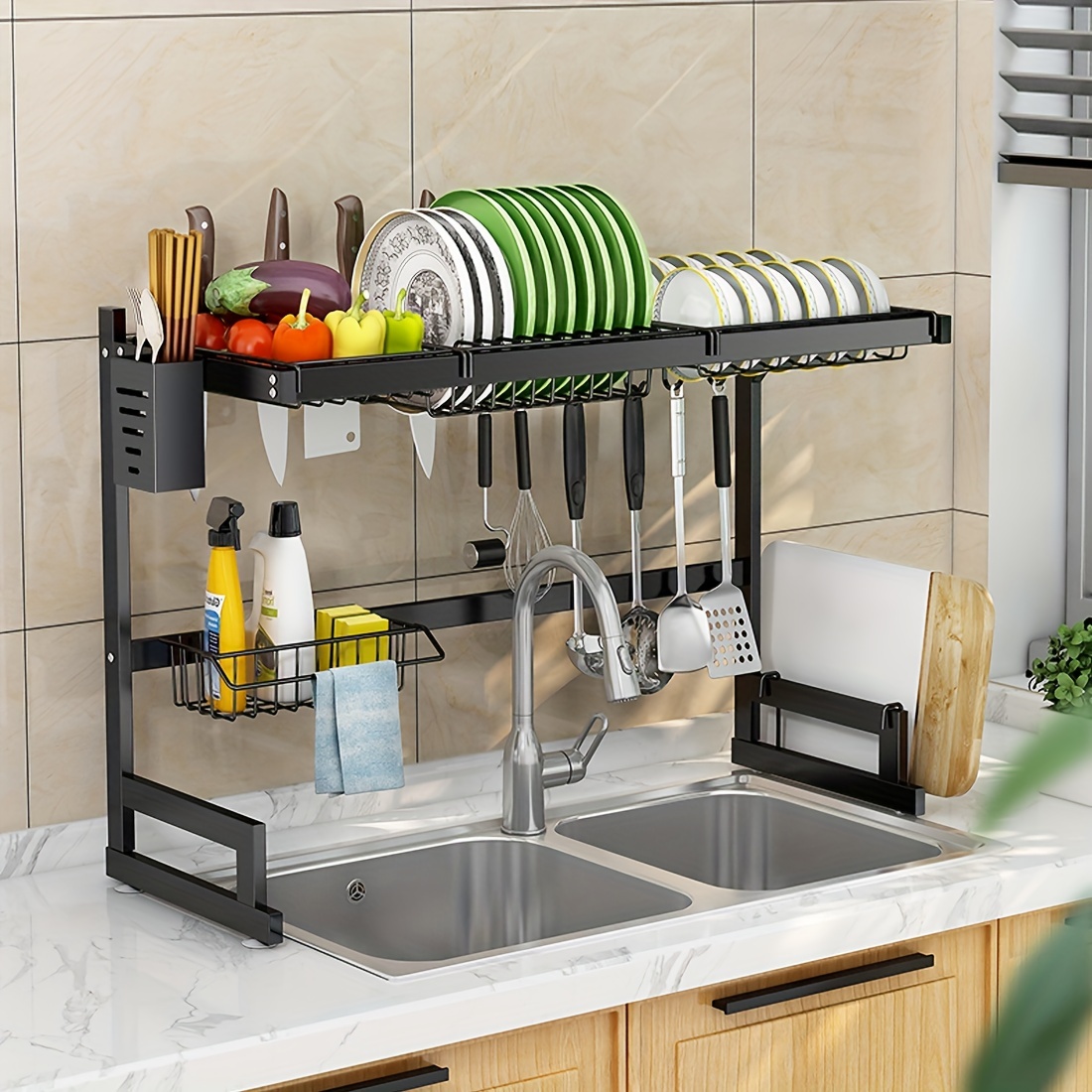 Over Sink Dish Drying Rack Display With Utensil Holder And Utensil