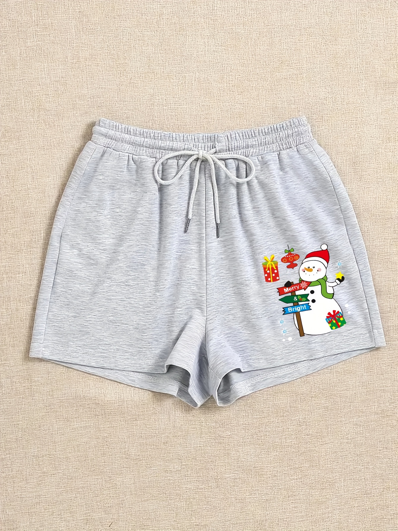 Women's Plus Snowman Print Drawstring Elastic Waist Shorts