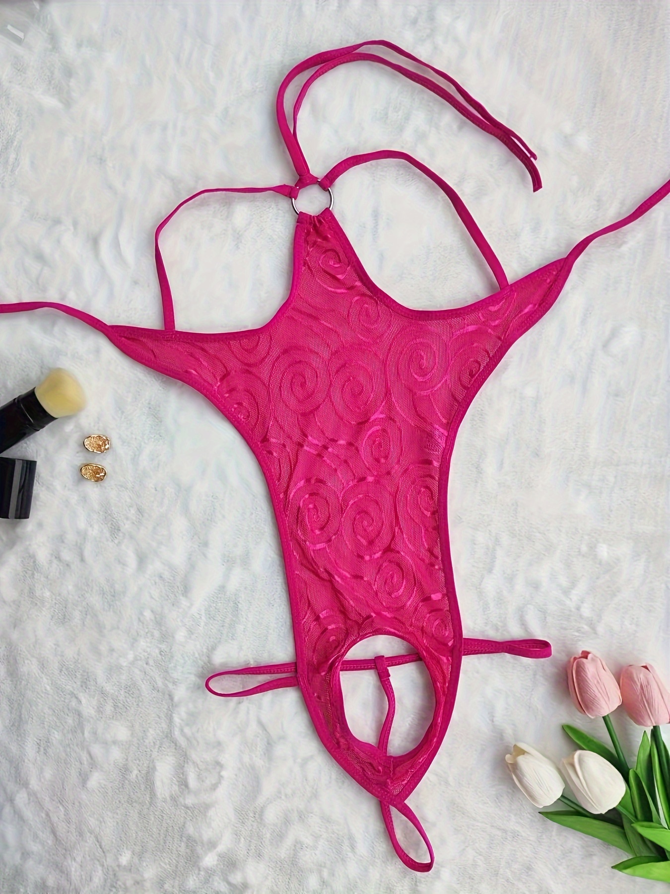 open lace bodysuit with ties and ring details without underwear