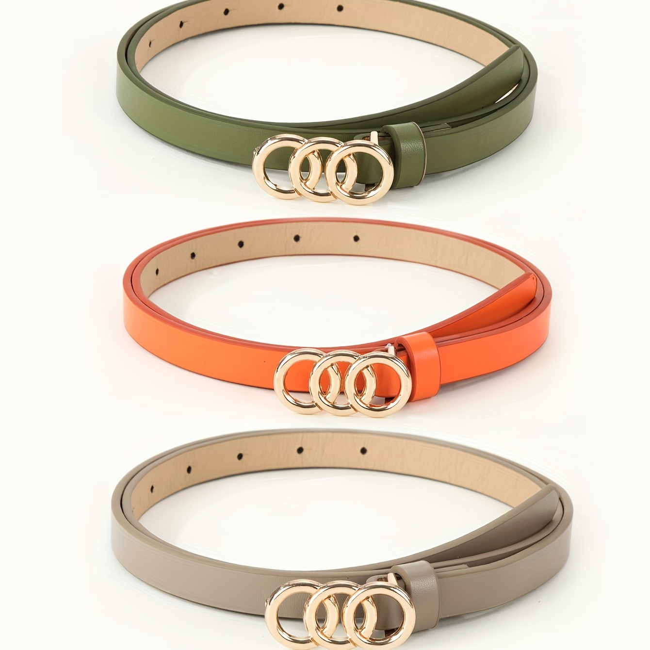 Vintage Triple Ring Buckle Belt Gray Orange Green PU