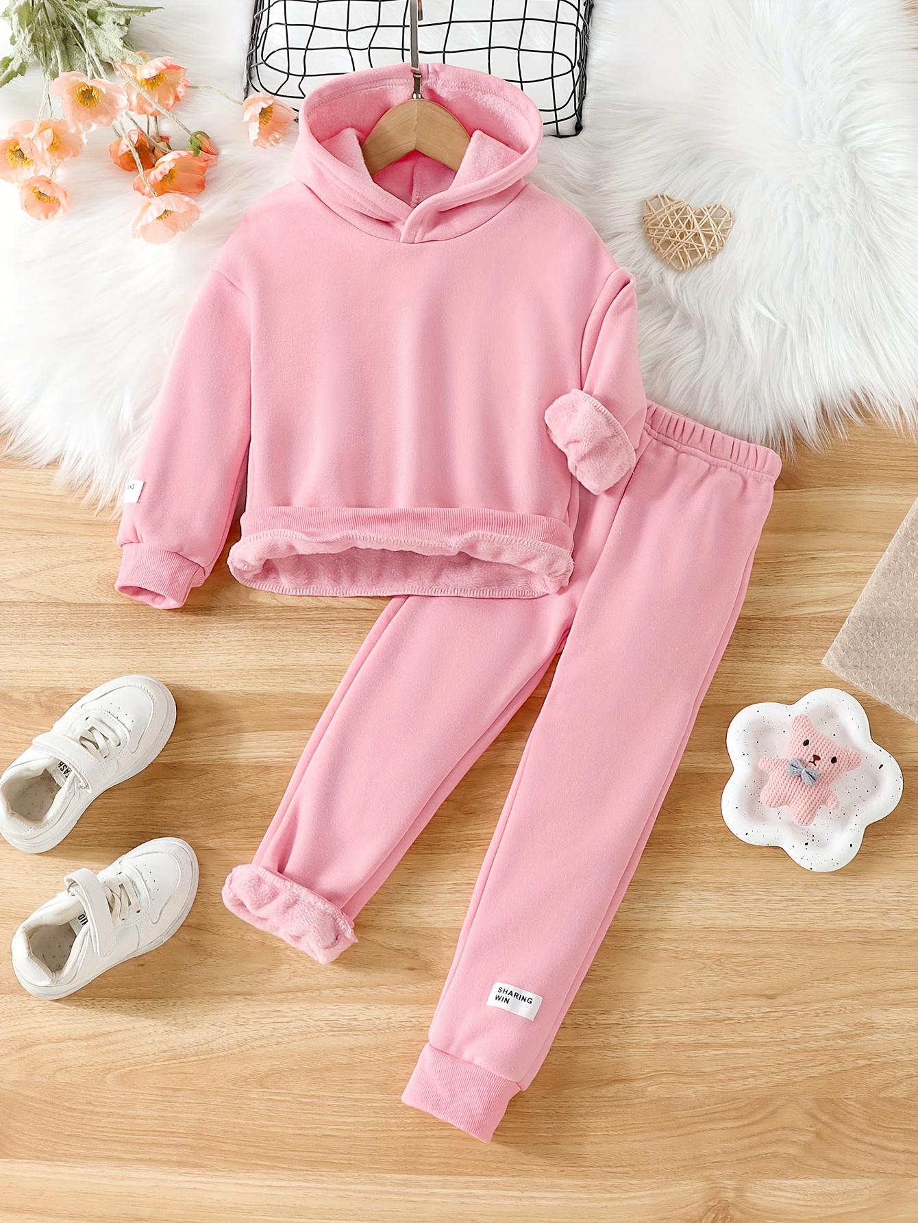 Girls Solid Outfits Crew Neck Top + Jogger Pants Set Comfy - Temu