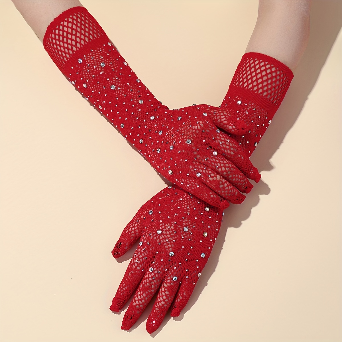 Red Fishnet Gloves Inlaid Rhinestone for Wedding Party Banquet Prom Accessories,Temu