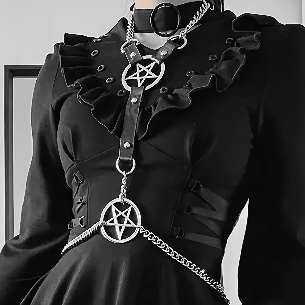 Woman Pentagram Punk Style Sexy Lingerie Body Bondage Caged Bralette Gothic  Bra Garters PU Leather Harness