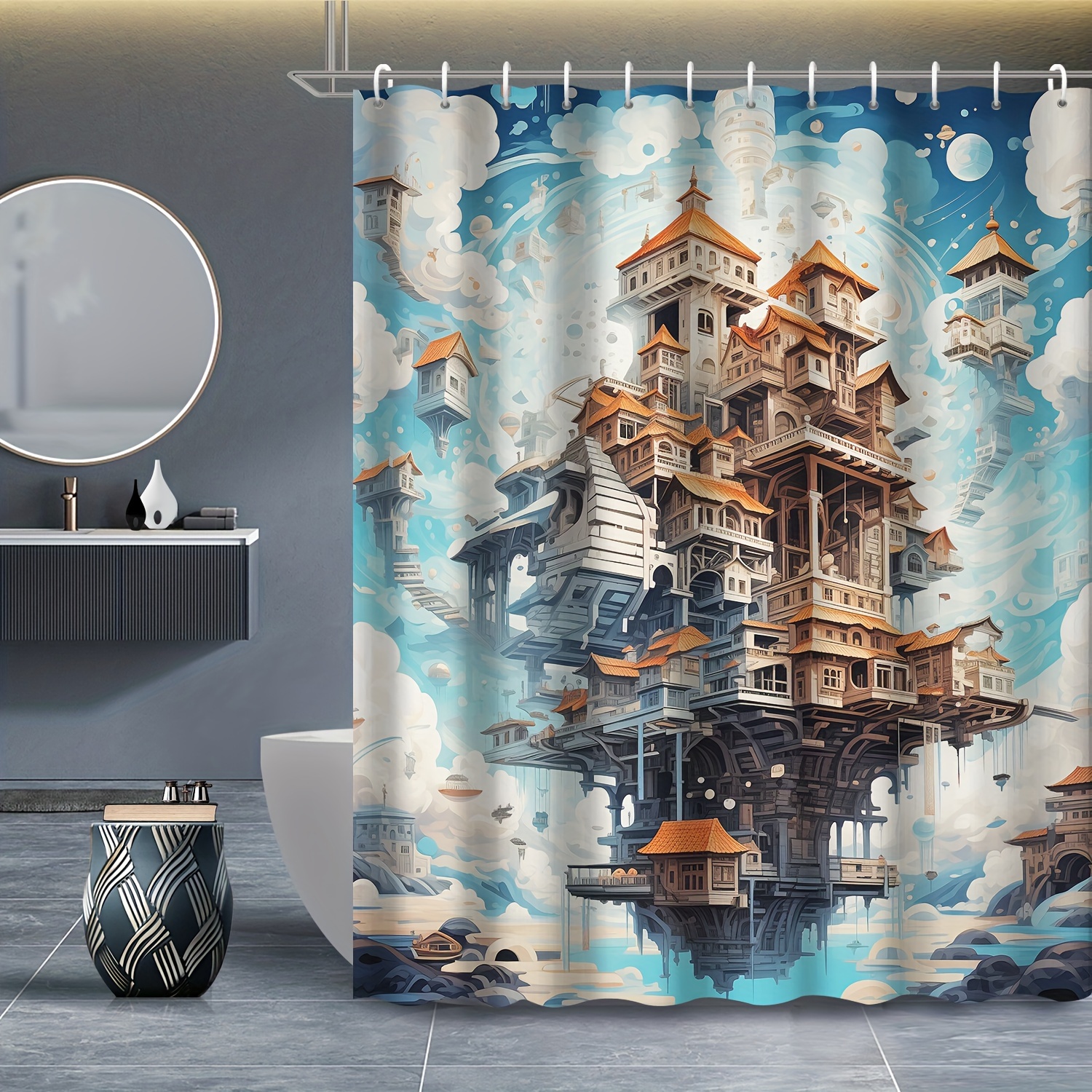 1pc Cartoon Floating Castle Pattern Shower Curtain 12 Hooks Temu