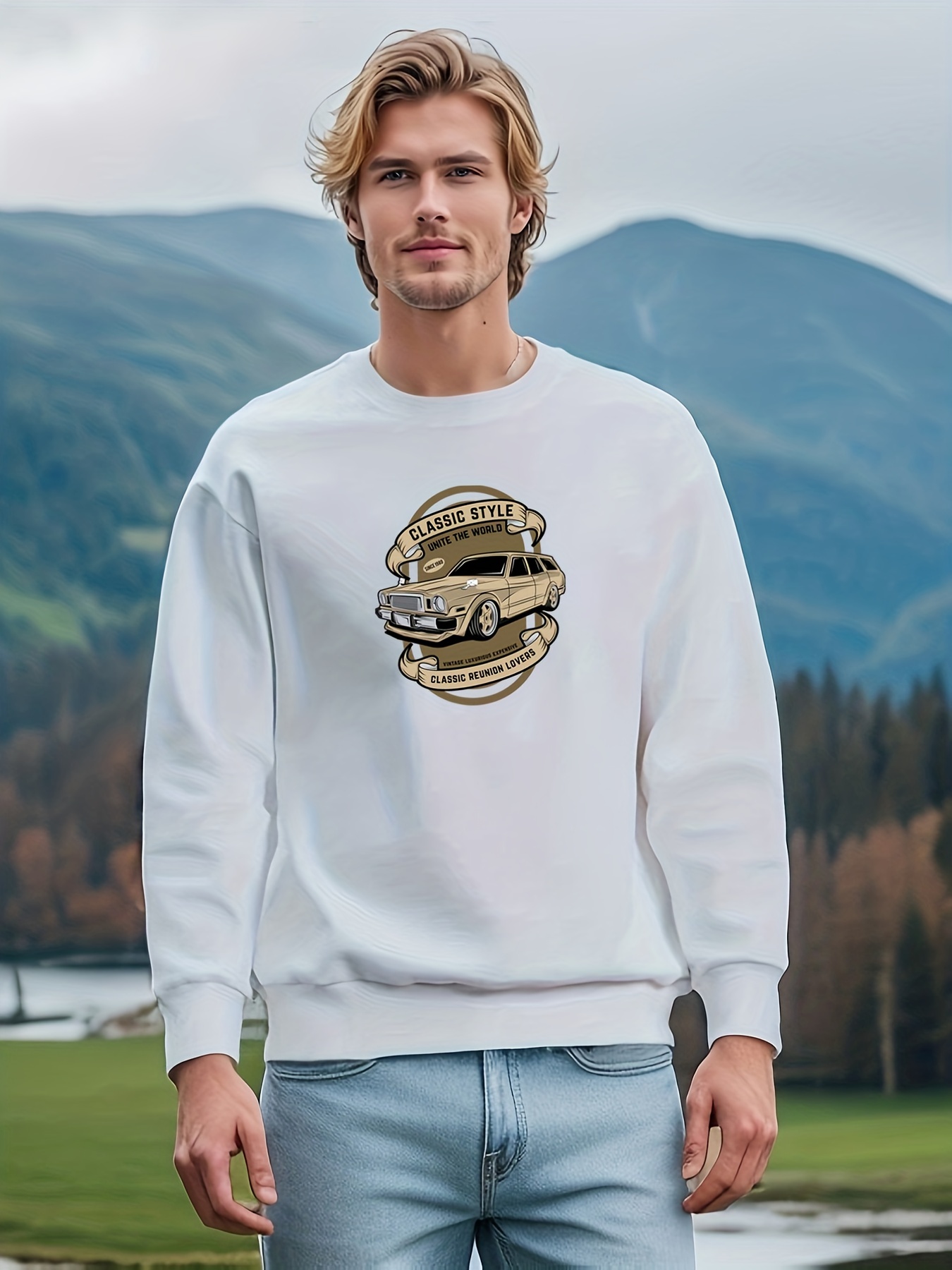 Mens Casual Crew Neck Graphic Sweatshirt