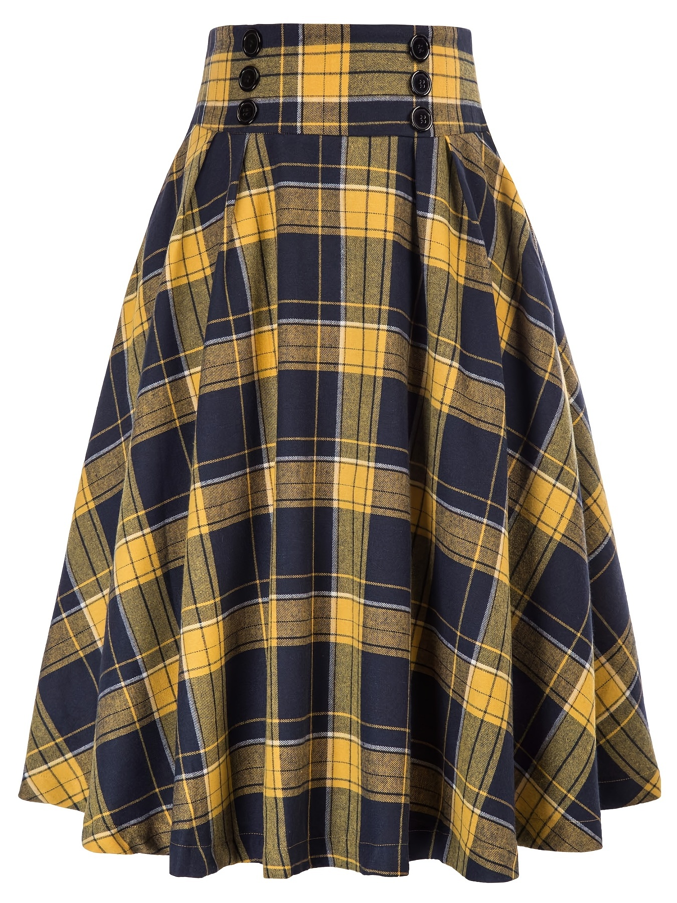 High Waist Button Plaid Ruffled Hem Skirt, Vintage Loose Stylish Midi ...