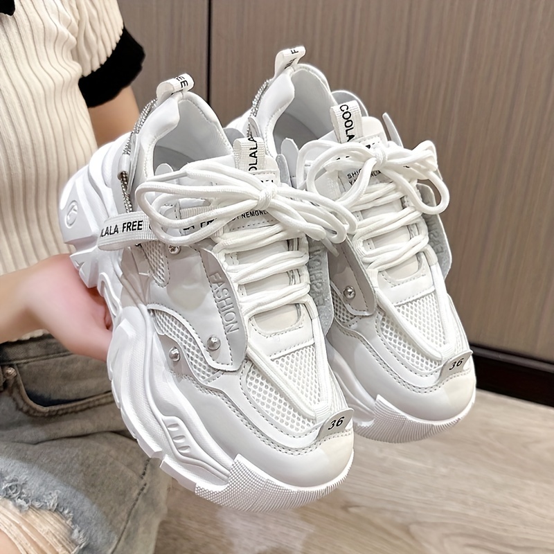 Women's Trendy Chunky Sneakers, Breathable Mesh Heightening Lace Up  Trainers, Fashion Low Top Platform Shoes