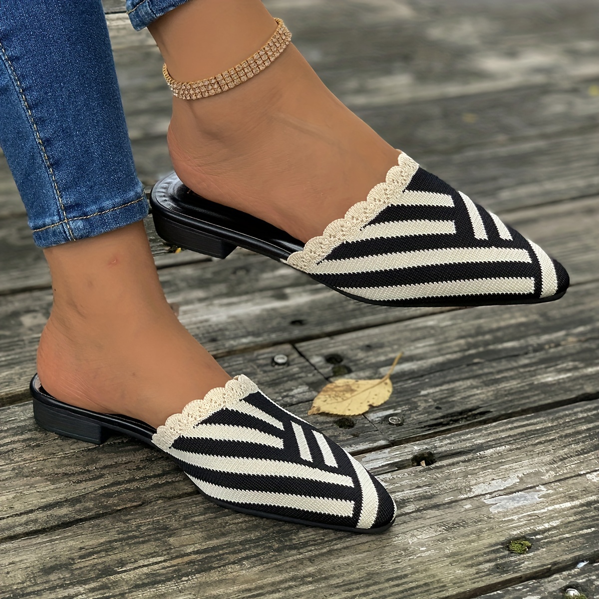 Women's Slippers Loafer Knitting Shoes Mule Flat Shoes Pointed No Back  Slippers
