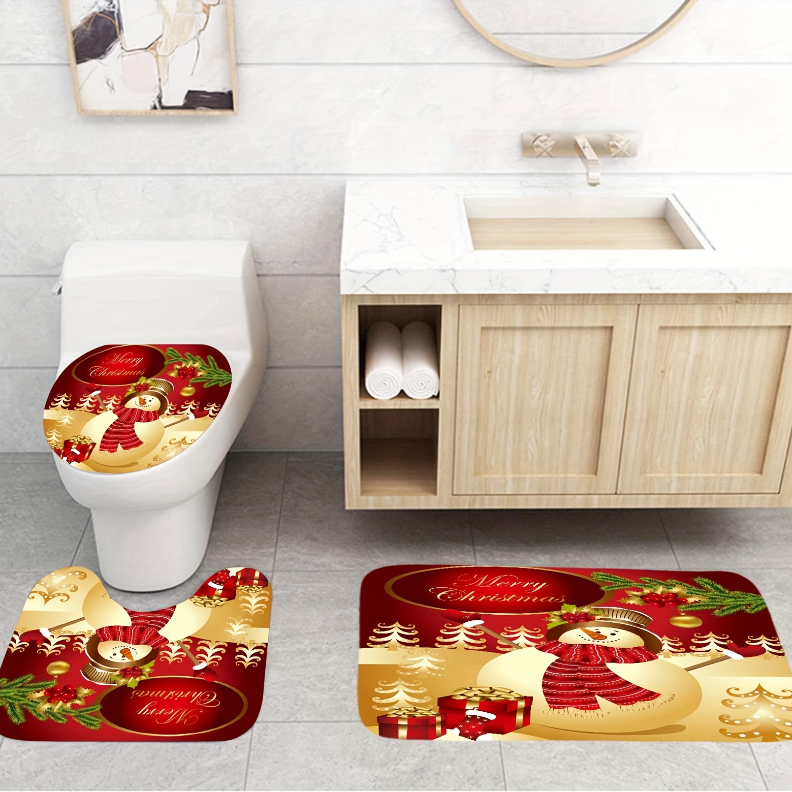  Decoraciones navideñas de baño, accesorios de baño, juego de  decoración de baño de Navidad, incluye cortina de ducha de Navidad,  alfombras de baño antideslizantes, tapete, funda de asiento de inodoro 