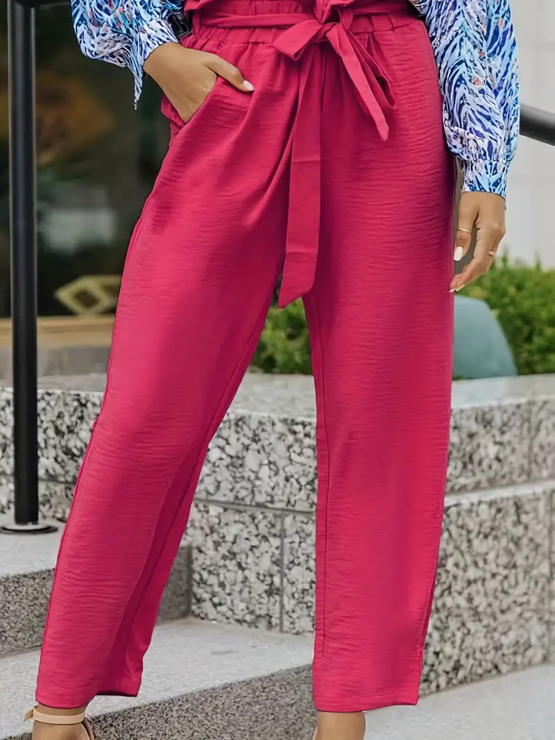 Plus Size Elegant Pants, Women's Plus Solid Ruffle Trim Elastic Belted High  * Slight Stretch Wide Leg Trousers With Pockets