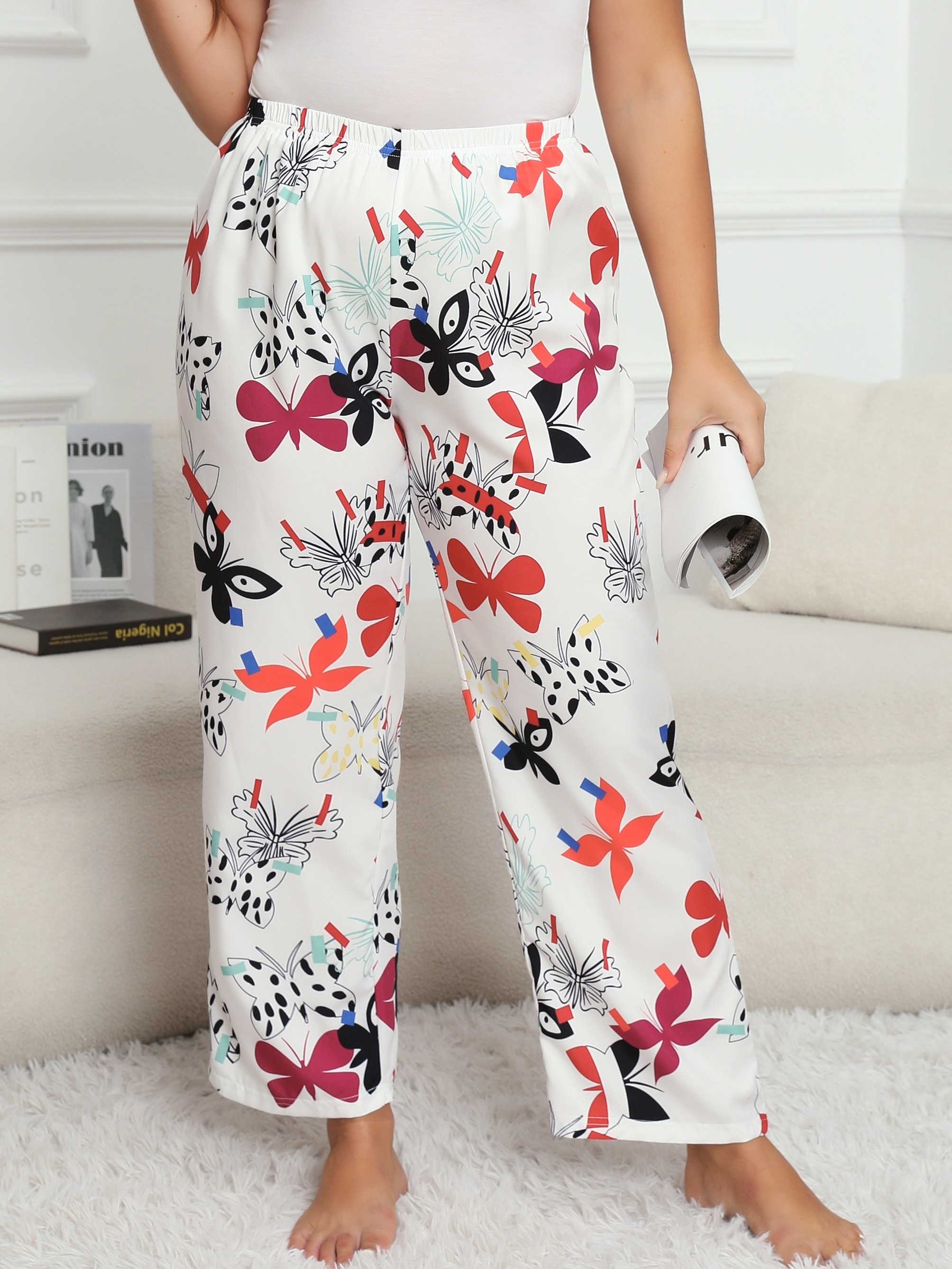 Plus Size Casual Lounge Pants, Women's Plus Butterfly Print High * Wide Leg  Loose Pajama Trousers
