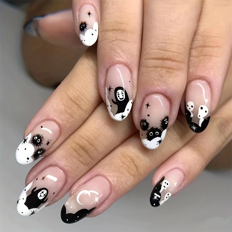 

24 Pcs Halloween Press On Nails Short With Ghost Face Designs Full Cover Oval Fake Nails For Women Halloween Nail Decorations