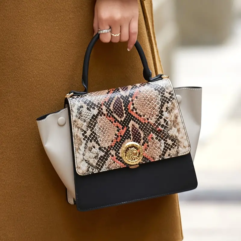 ZOOLER Snakeskin Pattern Handbag, Tote Bag, Elegant Metal Decor Shoulder Purse for Ladies,Temu