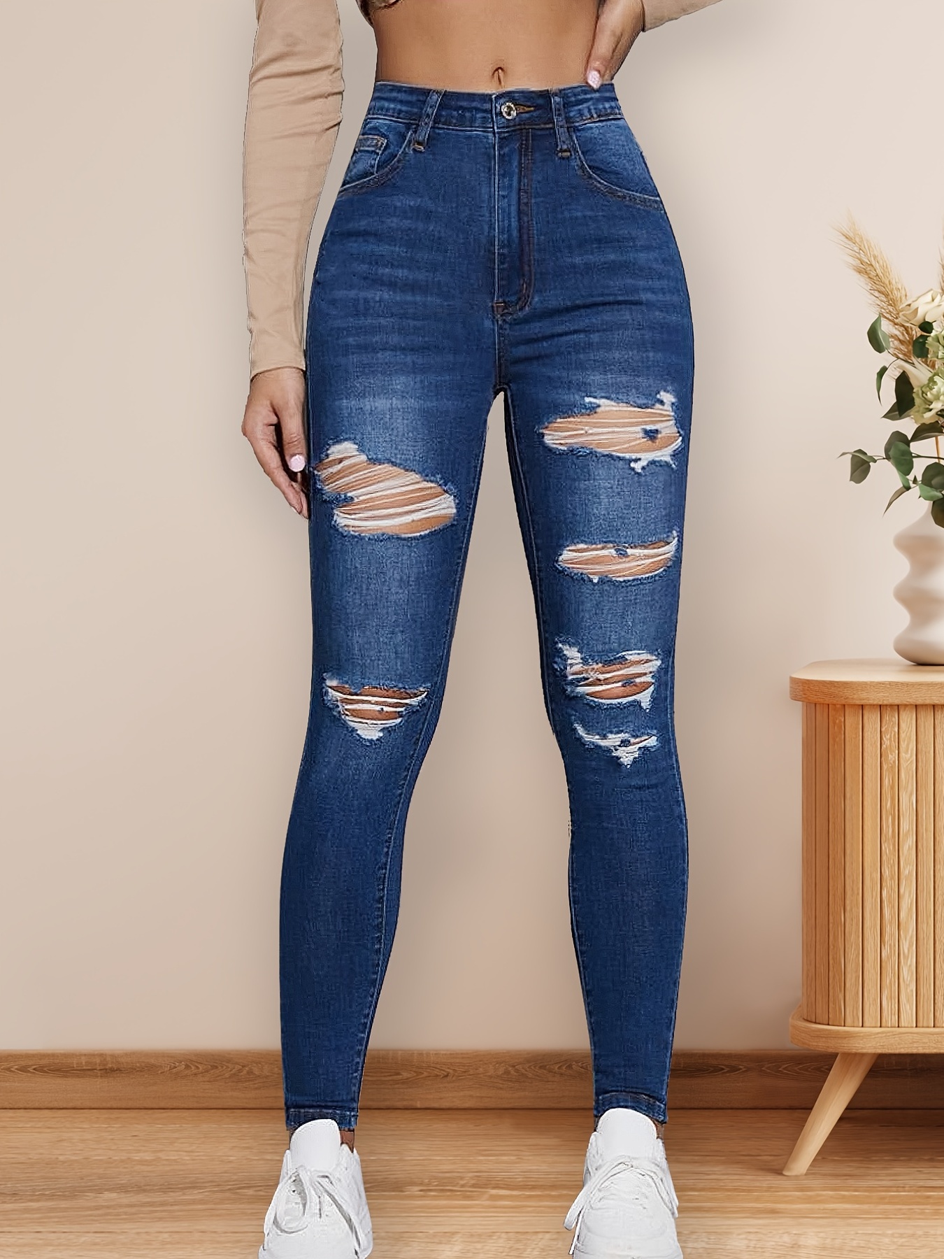 High * Plain Design Dark Blue Super Skinny Jeans, Water Ripple Embossed  Crotch High Waist Denim Pants, Women's Denim Jeans, Women's Clothing