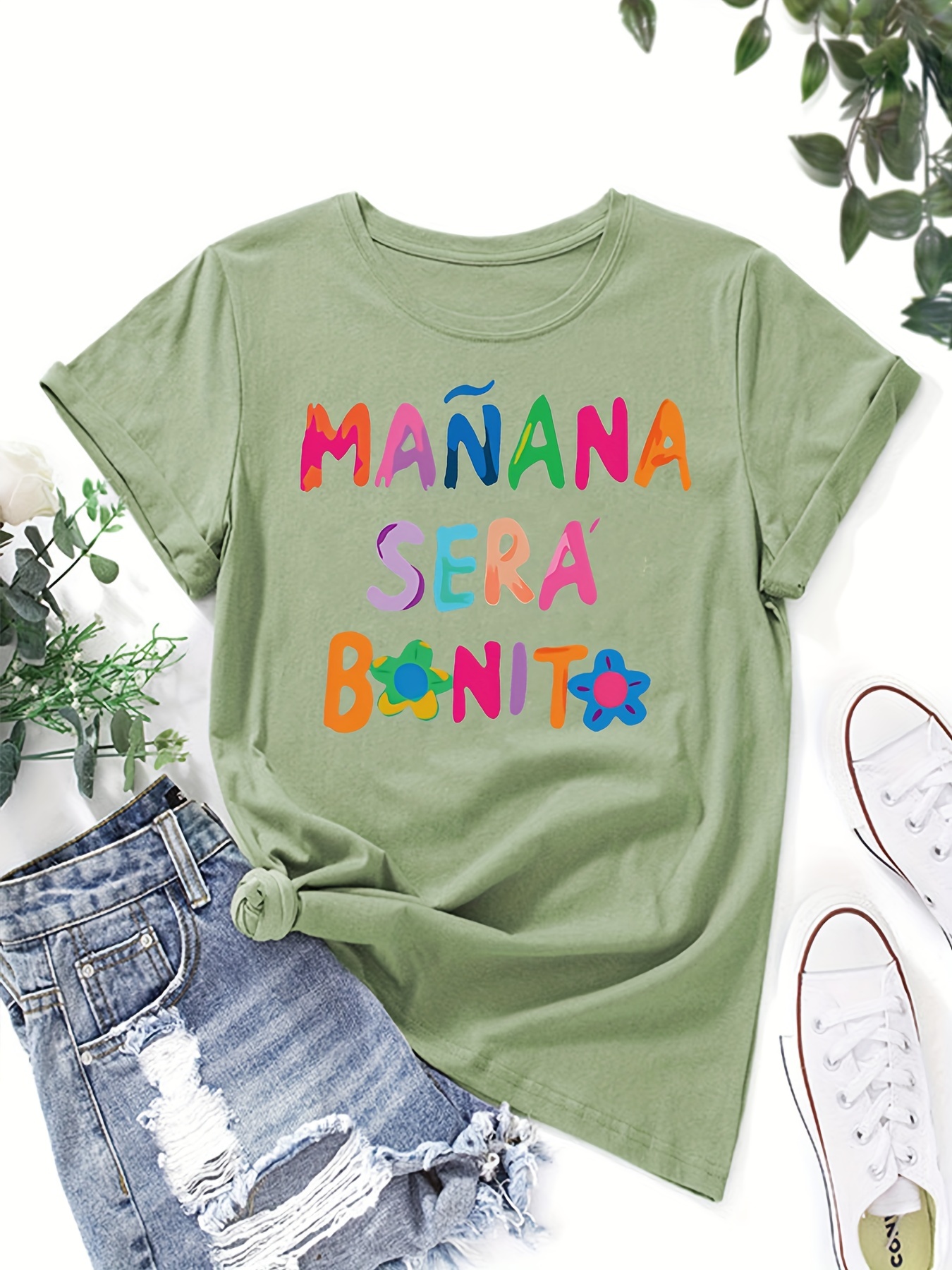 Camiseta mujer manga corta estampado en verdes en plantas