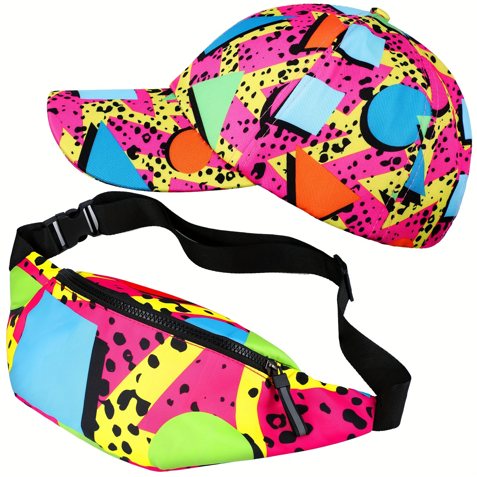 

2pcs 80s 90s Fanny Packs & Cap Set For Women And Men - Retro Accessories For Back In The Day Parties, Raves